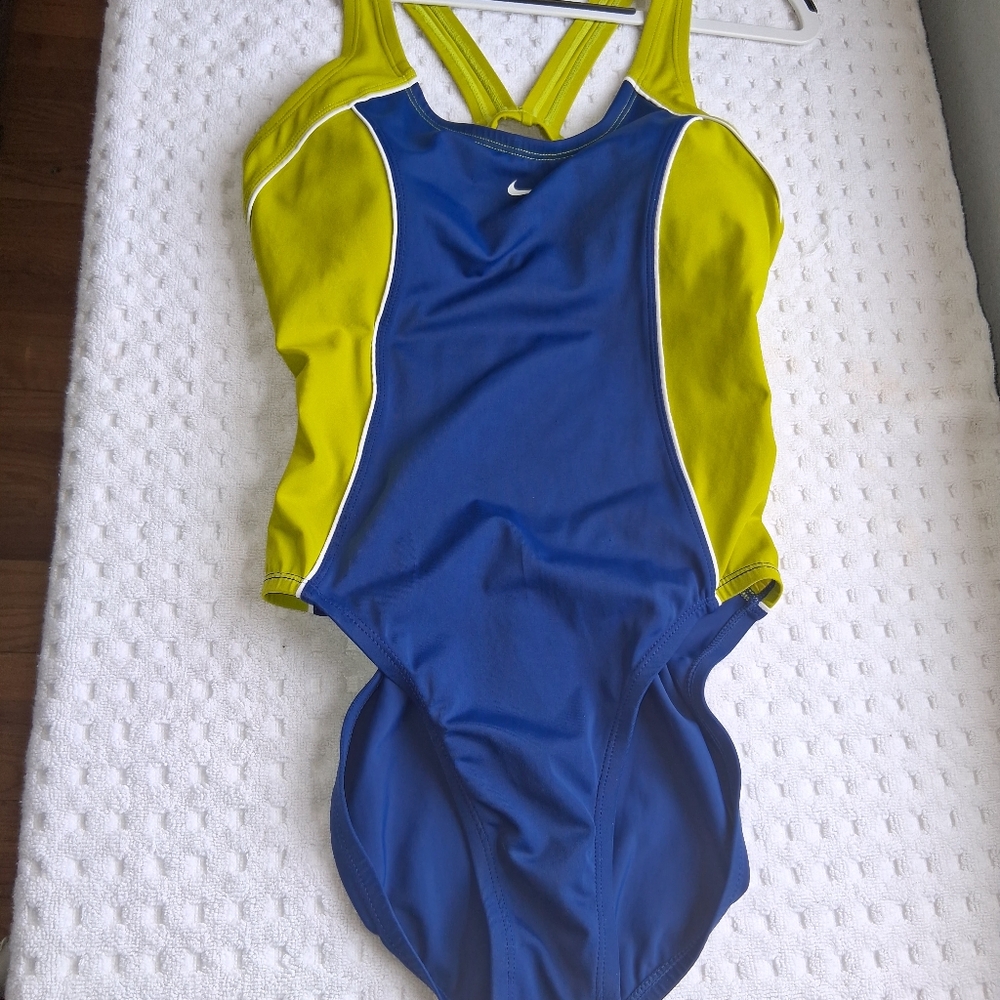 Nike Blue and Yellow Athletic One-Piece Swimsuit